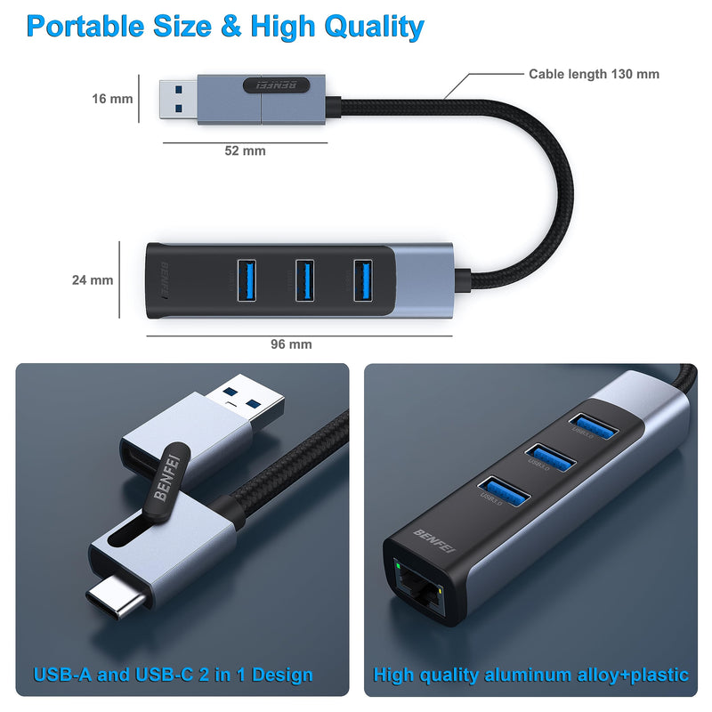 BENFEI 2in1 USB-C/USB 3.0 to Ethernet Adapter with 3*USB 3.0 Ports Compatible for iPhone 15 Series, MacBook Pro/Air 2023/2022/2021/2020/2019 and More