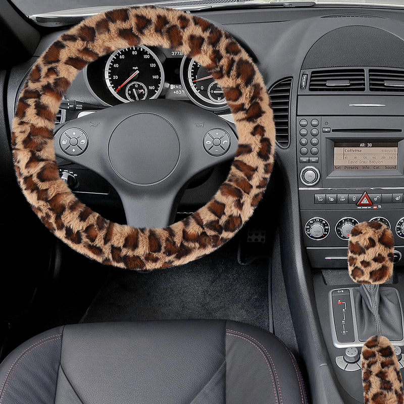 Accmor Fuzzy Car Steering Wheel Cover, Universal Fit Fur Auto Wheel Cover & Handbrake Cover & Gear Shift Cover Set, Leopard Warm Fluffy Vehicle Wheel Protector Car Accessories for Men Women (Brown) Brown/Dark Brown Leopard short hair