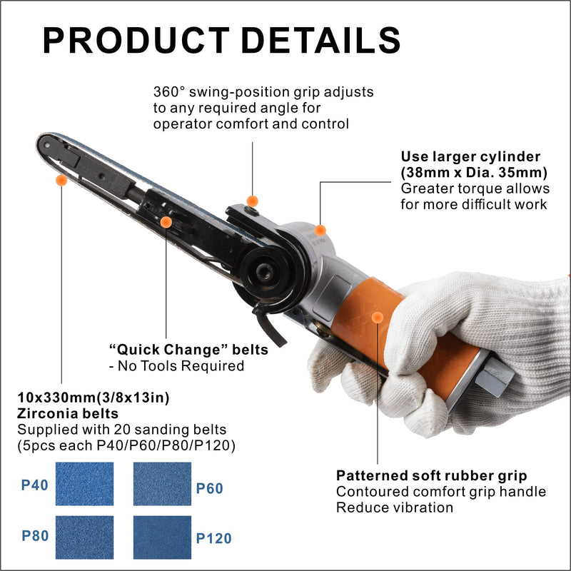 Air Belt Sander 3/8" x 13" Belt Size Pneumatic Tool with 12pc Belts (#40, #60, #80 & #120), Good for Deburring, Sanding and Finishing (3/8" x 13" Sander) 3/8 x 13" Belt Sander