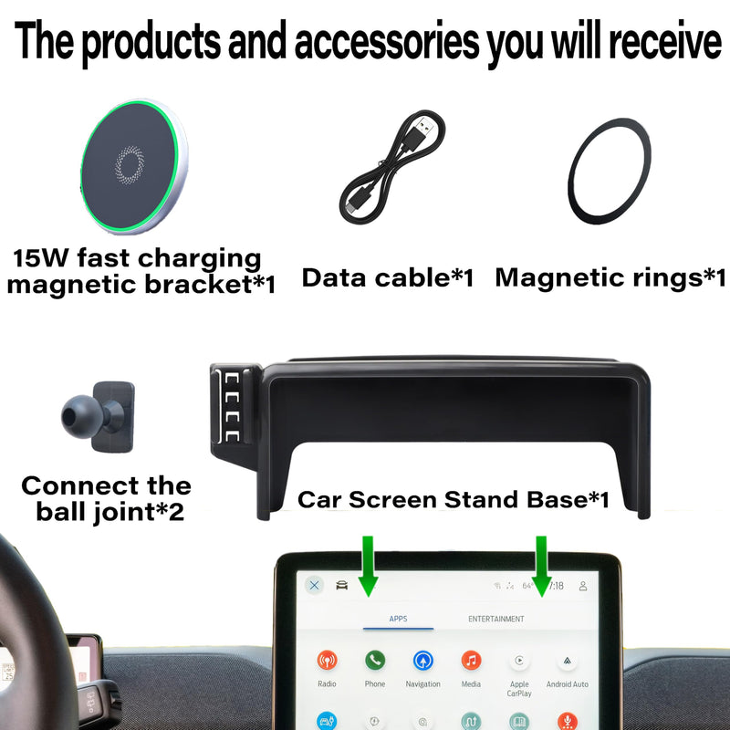 Car Phone Holder for 2021-2025 Ford Mustang Mach-E Accessories Apply to 15.5 Inch Touch Screen 15W Fast Wireless Charger Screen Fixed Clip Cell Phone Mount Hands-Free 360 Degree Rotation