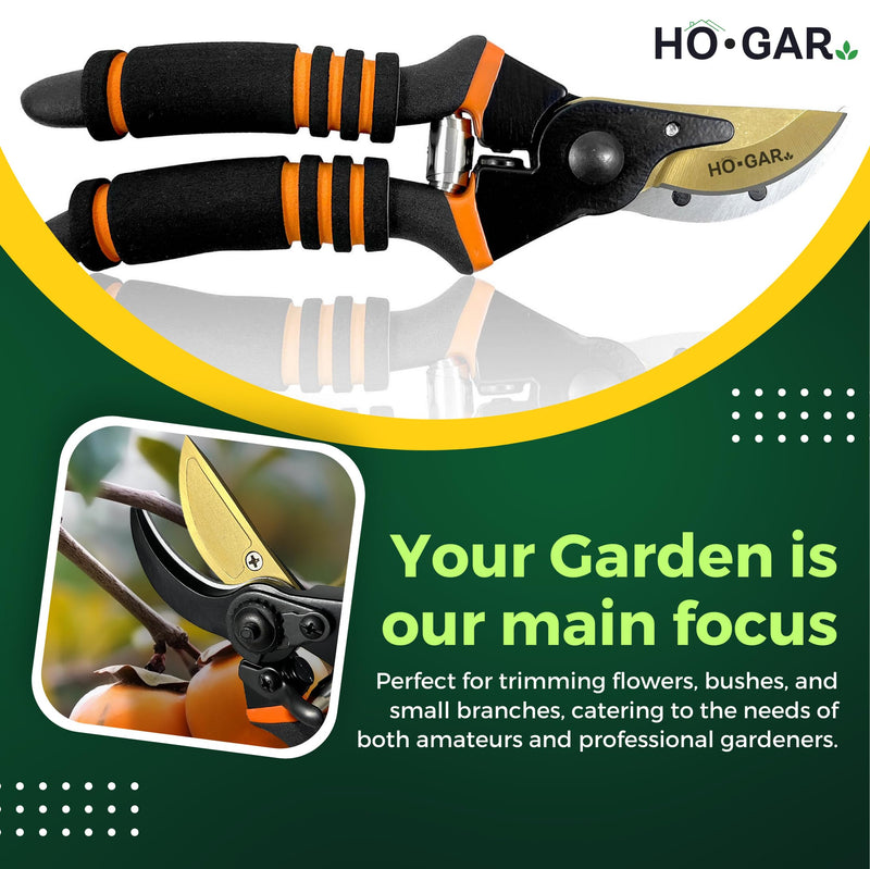 HO.GAR Premium Titanium Bypass Pruning Shears Kit: Heavy Duty Professional Hand Pruners, Gardening Scissors, Ergonomic Secateurs. Includes Blade and Spring Replacement + Pouch + Carabiner