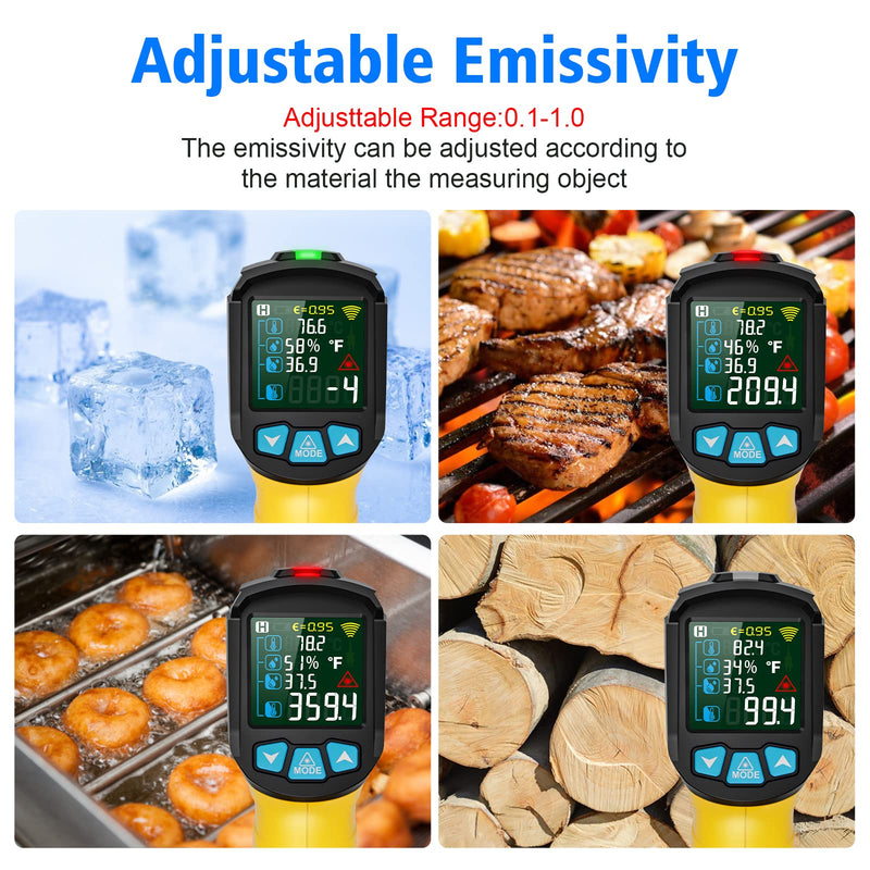 Infrared thermometer laser MESTEK temperature measuring device with K-probe IR pyrometer -50°C to 800°C non-contact color LCD alarm function adjustable emissivity for kitchen