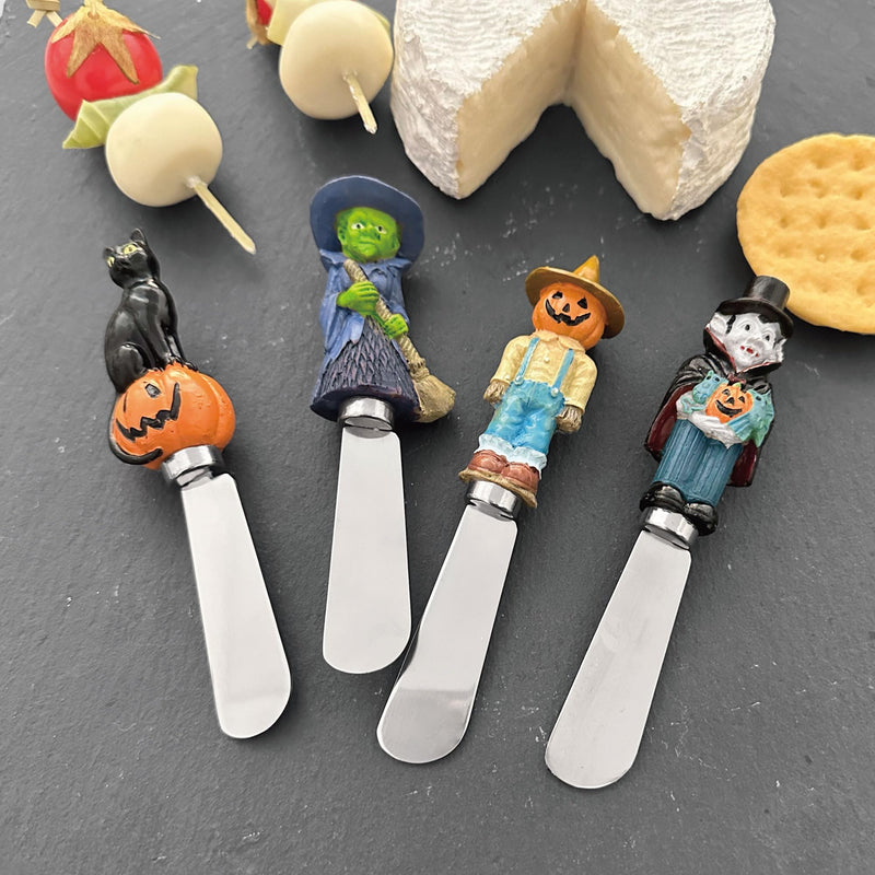 Supreme Housewares Spooky Cheese Spreaders, Hand-Painted Resin Handles with Stainless Steel Blades for Spreading Cream Cheese, Butter, and Jam, Assorted Halloween Designs, Set of 4