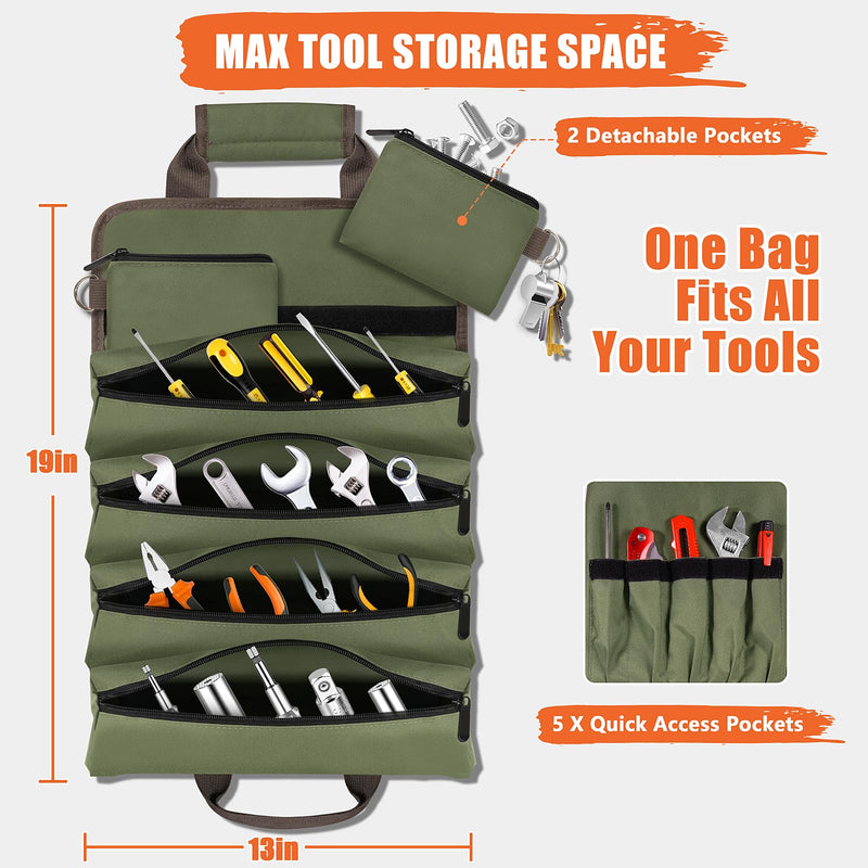 Roll Up Tool Bag-Gifts For Men Dad Husbands Him, Father's Day Birthday Gifts For Men, Heavy Duty Tool Organizer Bag With 2 Detachable Pouches Mechanic Carpenter (Green) Green