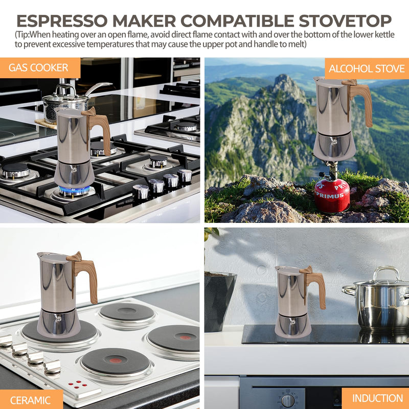 Uncoated 4 Cup Moka Pot 304 Thickened Stainless Steel Coffee Maker Stovetop Espresso Coffeemaker Italian Classic Style Brewing Greca Cafe Mocha Machine for Cafeteras Camping Travel Home 200ml 6.6oz