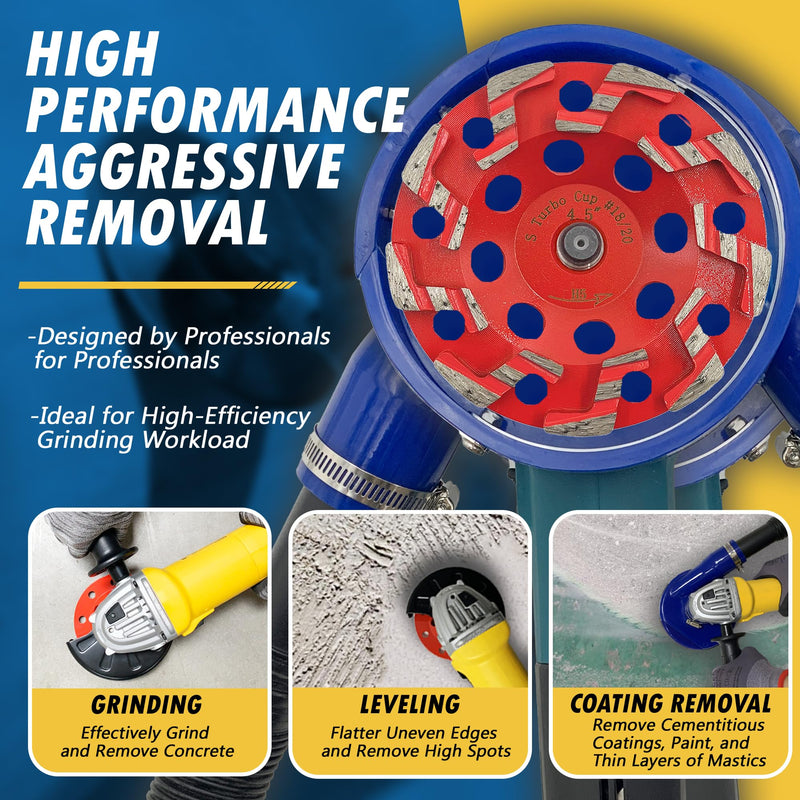 4.5" High Performance Diamond Grinding Wheels for Aggressive Concrete, Paint, Epoxy, Mastic, Coating Removal, #18/20 Grit, S Segments, 5/8"-11 Arbor 4.5" Diameter / S Segments 5/8"-11 Threaded Arbor