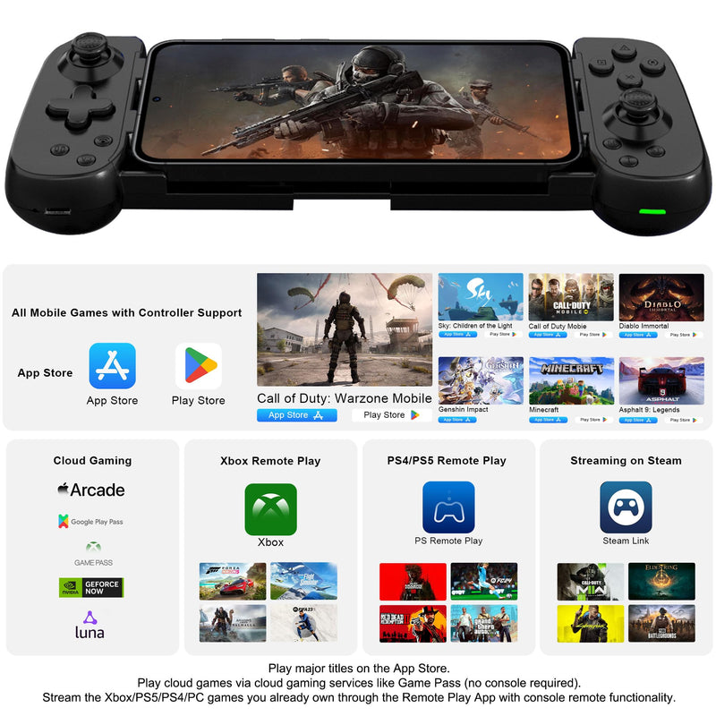 Joso Phone Controller for iPhone/Android/PC, D6 Wireless Game Controller for Switch/PS3/PS4 with Hall Joystick/Turbo/6-Axis Gyro/Dual Motor, iOS Android Controller Support Cloud Gaming/Remote Play Black