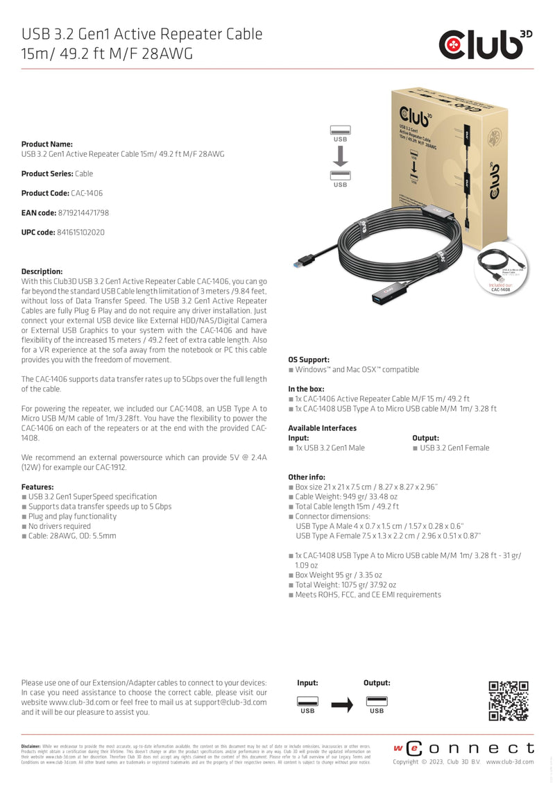 Club 3D CAC-1406 USB 3.2 Gen1 Active Repeater Cable 15m / 49.2ft M/F 28AWG