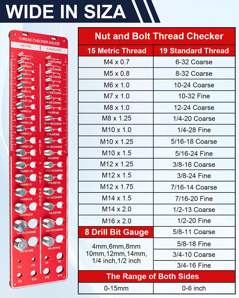Clatoon Thread Checker, 42 Nut and Bolt Thread Checker, Thread Gauge Solid Bolts with 19 Standard and 15 Metric, identibolt 8 Drill Bit Gauge, Heavy-Duty Bolt and Nut Identifier Gauge