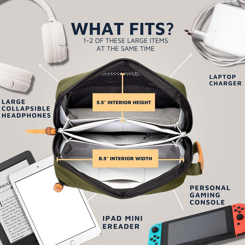 TRIPPED Travel Gear Tech Bag Organizer - Small Electronics Organizer Pouch for Travel - Premium Travel Case with Leather Accents - Mesh Pocket for Cables, Cords and Chargers Green