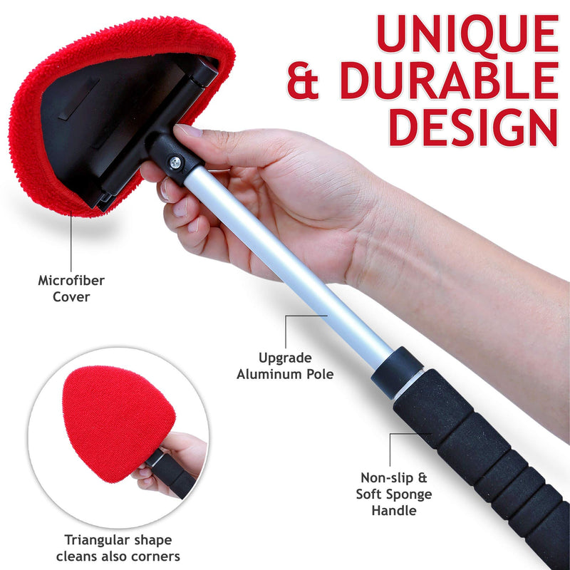 TAKAVU Windshield Window Cleaner Tool, Extendable Long-Reach Handle, Unique Pivoting Triangular Head, 3 Washable Reusable Microfiber Bonnets, Car & Home Inside Interior Exterior Use - Lint Free (Red) Black & Red