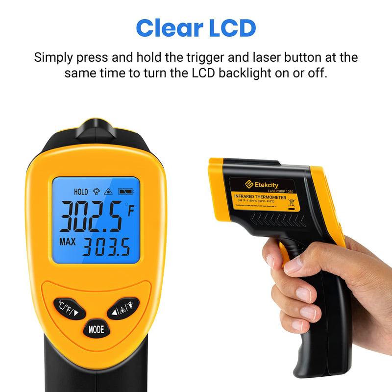 Etekcity Infrared Thermometer -50 ~ +610 °C, IR Pyrometer Temperature Meter | Digital IR Pyrometer Temperature Meter, LCD Lighting (Not for People) for Cooking/Pizza Oven/Freezer/Industry -50 ~ +610°C