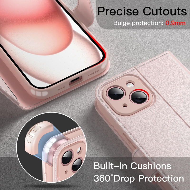 JETech Wallet Case for iPhone 15 6.1-Inch, Shockproof PU Leather Magnetic Flip Cover with Card Holder, Stand Feature and Full Camera Protection (Pink) Pink