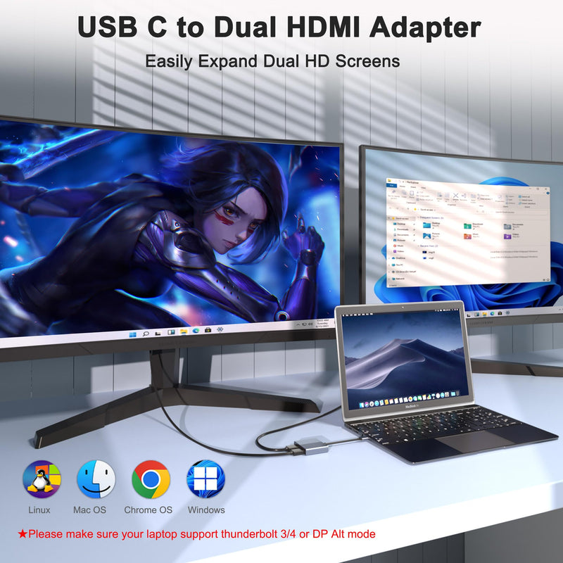 Docking Station Dual Monitor, USB C Docking Station, HDMI Splitter Extended Display, 4K Dual HDMI Adapter for 2 Monitors, HDMI Splitter for Dual Monitors Extended Display, Dual Monitor Adapter