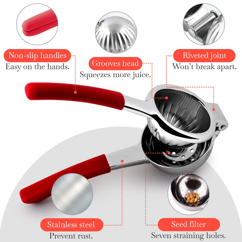 Bellemain Citrus Juicer | Metal Lemon Squeezer | Lime and Lemon Juicer Stainless Steel with Silicone Handles | Manual Juicer, Citrus Squeezer, Hand Held Juicer | Bar Juicer for Bartender Accessories Red