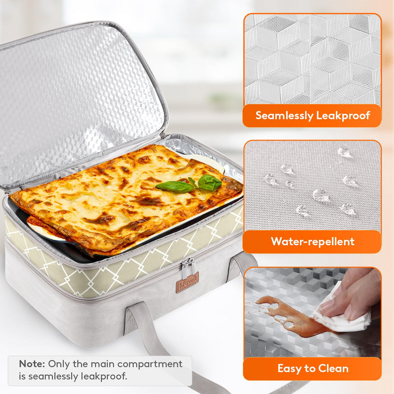 Lifewit Insulated Double Decker Casserole Carrier, Lasagna Lugger Holder for Hot or Cold Food, Fits 9" x 13" Baking Dish, Thermal Lunch Tote Bag for Potluck Parties, Picnic and Cookouts, Grey Gray 15.7 x 11.4 x 8.3inch