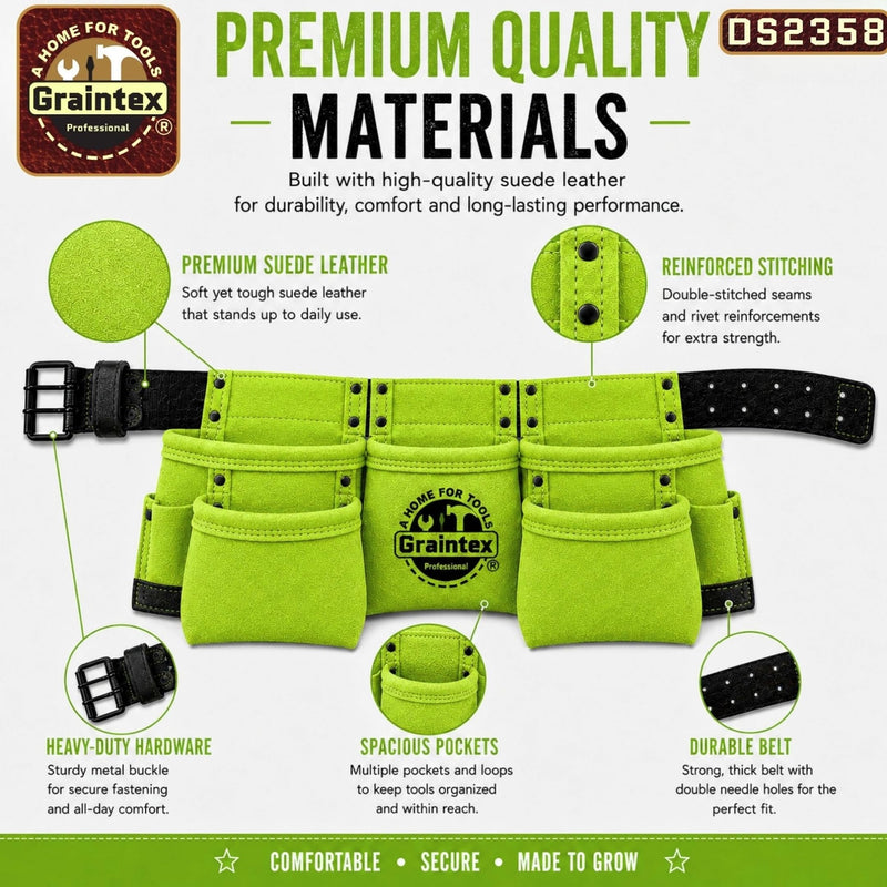 Graintex DS2358 :: 9 Pocket Children Tool Belt Lime Green Color Suede Leather, Kids Real Tool Belt, Boys and Girls Tool Apron for Home Improvement, 1.1/2" Leather Belt, Hammer Loops 9 Pockets