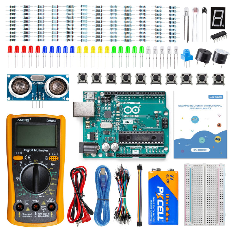 SunFounder Beginner's Lab Starter Kit with Original Arduino Uno R3 REV3 Board Multimeter Basic to Advance 25 Projects HCSR-04 Sensor Button Temp LED Microcontroller Programming