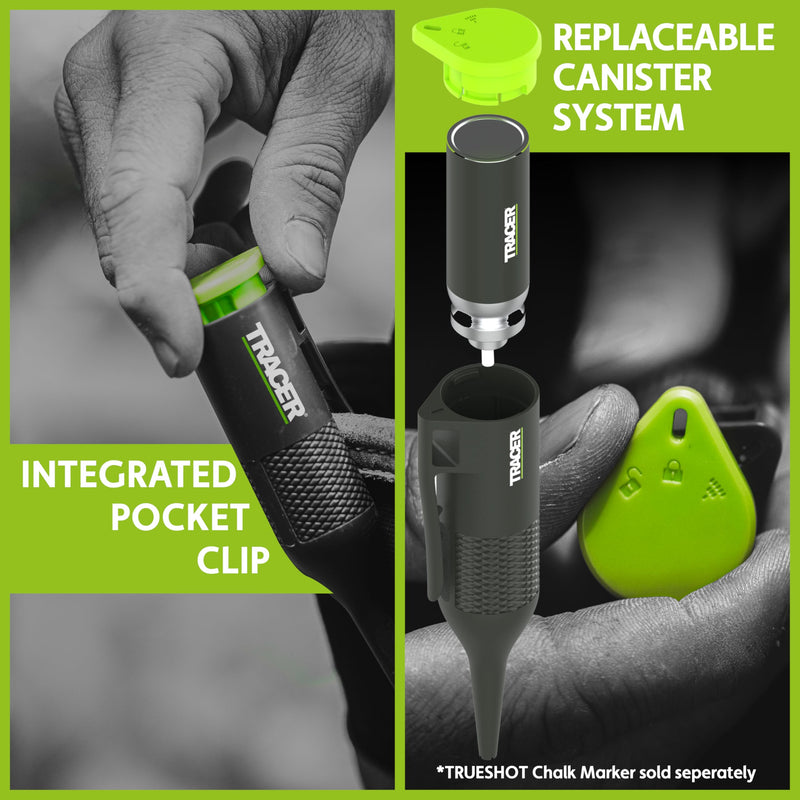 Tracer Trueshot Replaceable Chalk Canisters – Pack of 2 | 250 Shot Capacity Each | High-Vis Green Chalk | Recyclable | Compatible with Trueshot Deep Hole Marker 2 Pack Refills