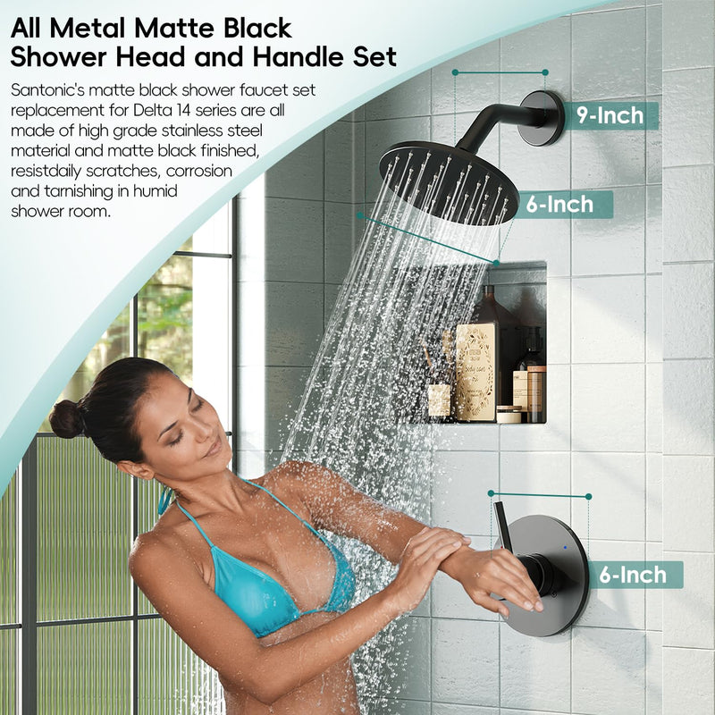 Replacement for Delta Shower Trim Kit 14 Series, Bathroom Matte Black Shower Faucet Set, 6-Inch Black Shower Head and Handle Set(Valve/Cartridge Not Included) Matte Black without Tub Spout