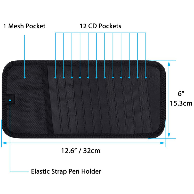 Car CD Case Holder, Wisdompro Vehicle Sun Visor Organizer for Cars with 12 DVD Storage Sleeves, 1 Mesh Pocket, 1 Pen Holder and Elastic Strap, Black