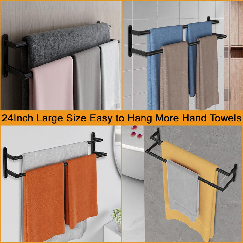 Double Towel Bar, 24Inch Towel Rack for Bathroom, Stainless Steel Double Bath Towel Bar, Wall Mounted Towel Holder, Double Towel Rod Towel Rail Hanger for Wall, Kitchen (Matte Black) Black-24inch-b