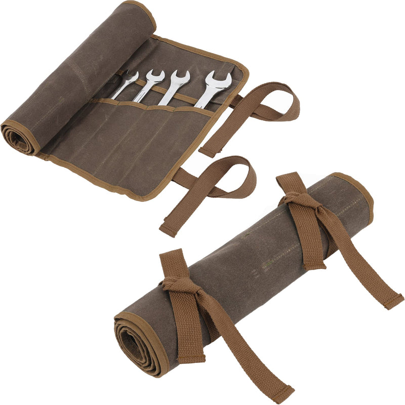 Denifiter Wrench Roll Up Pouch, Heavy Duty Waxed Canvas Tool Roll Bag Tool Organizer Bag With 20+4 Pockets (Brown) Brown