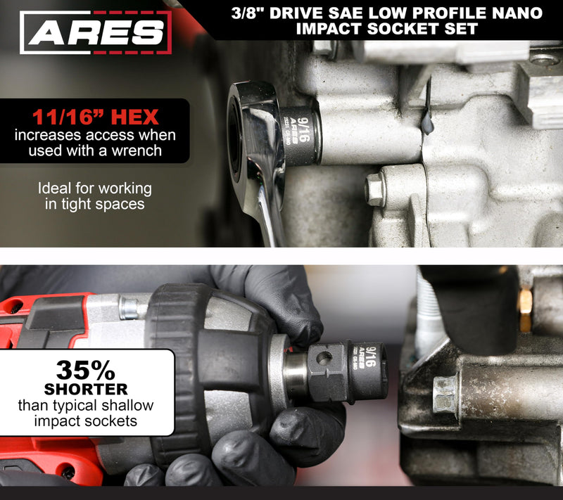 ARES 29019 – 10-Piece 3/8-Inch Drive SAE Low Profile Nano Impact Socket Set – Impact Grade Sockets Offer Greater Clearance Than Typical Shallow Sockets – Includes Aluminum Storage Rail 10-Piece SAE Nano Impact Socket Set