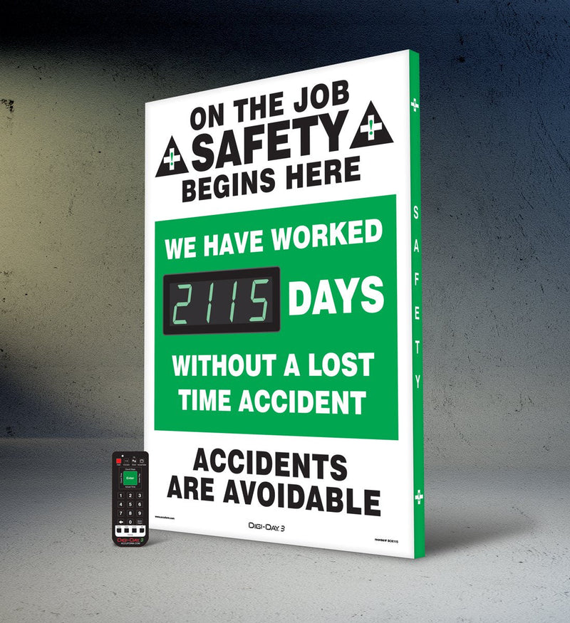 Accuform SCK115 Aluminum Digi-Day Electronic Scoreboard, "ON THE JOB SAFETY BEGINS HERE - WE HAVE WORKED #### DAYS WITHOUT A LOST TIME ACCIDENT - ACCIDENTS ARE AVOIDABLE"