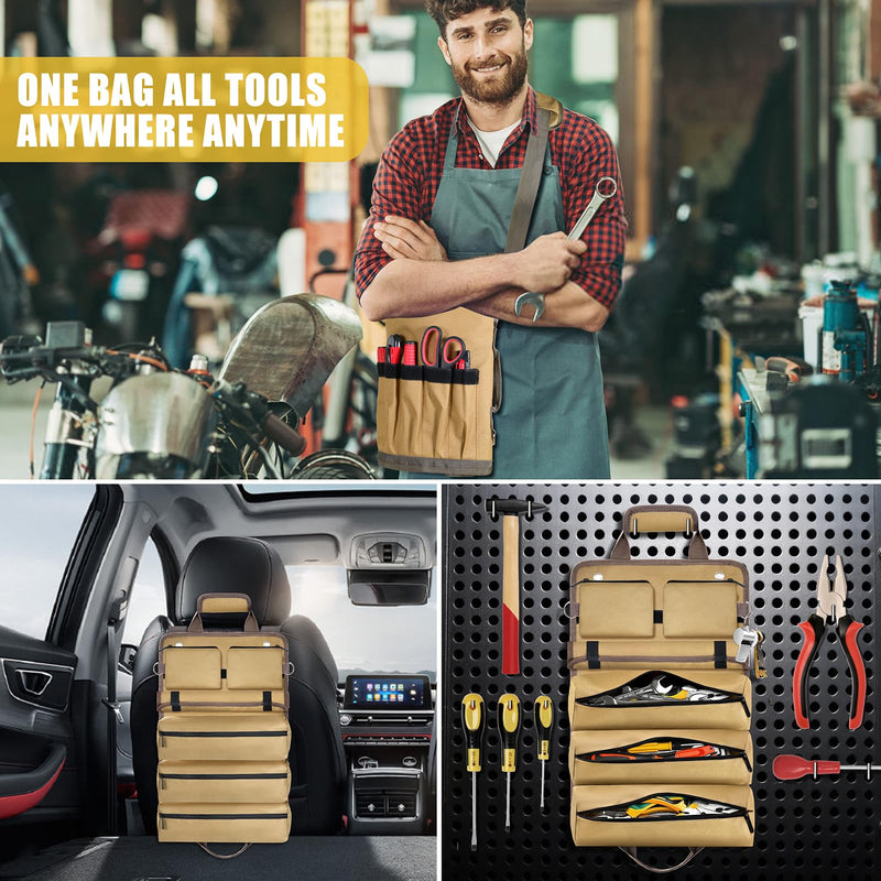 Roll Up Tool Bag-Gifts For Men Dad Husbands Him, Father's Day Birthday Gifts For Men, Heavy Duty Tool Organizer Bag With 2 Detachable Pouches &Wrench Roll Mechanic Carpenter (Khaki) Khaki