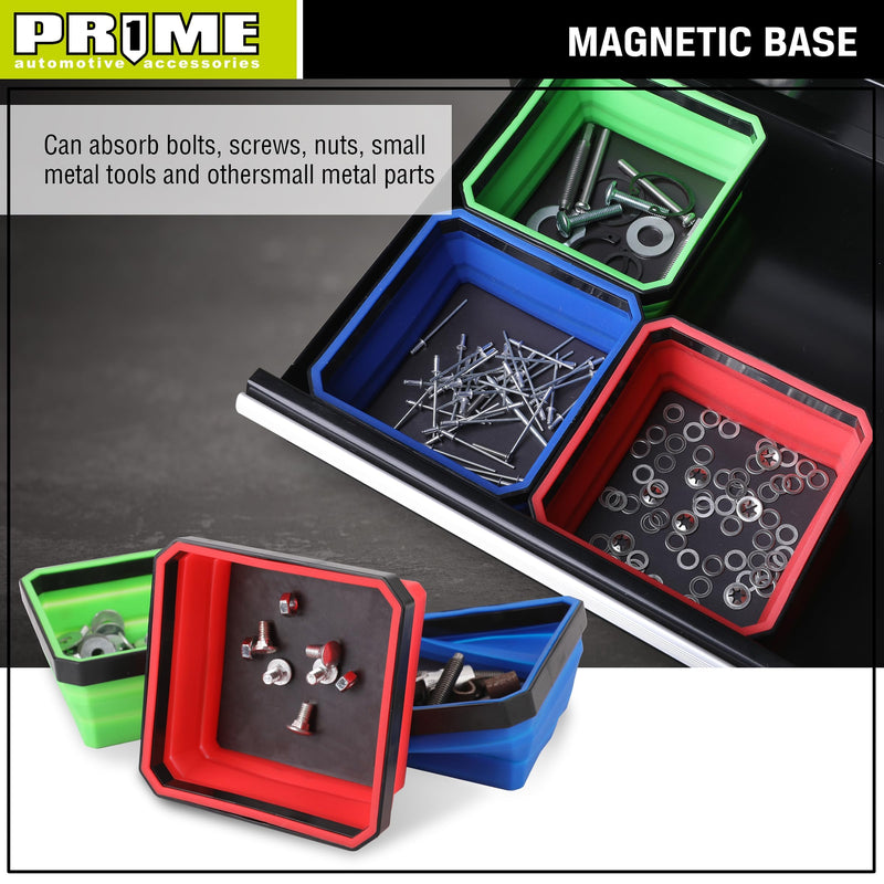 PR1ME Collapsible Magnetic Parts Tray Set, Foldable Magnetic Tray, 3 Pieces 4.25 inch Square Silicone Bowls with Magnetic Base Stores and Organizes Small Parts and Tools Basic Trays