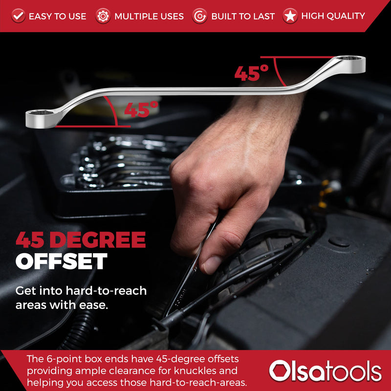 Olsa Tools Bolt Extractor Offset Wrench Set - 7pc Rounded Fastener Remover Kit - 6-Point Box-End Metric Design - Stripped Bolt & Nut Removal Tool - Professional Grade Mechanic Wrenches - Part: 1311 7pc Set