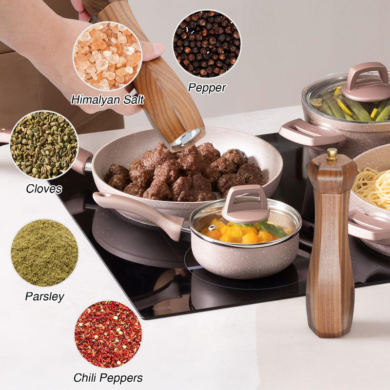 Wooden Salt and Pepper Grinder Set,Manual Salt and Pepper Mill set,Walnut Wood Pepper Grinder with Adjustable Coarseness,Refillable Pepper Mill,Polygon Salt and Pepper Shakers set Tableware Gifts 8" 8 INCH