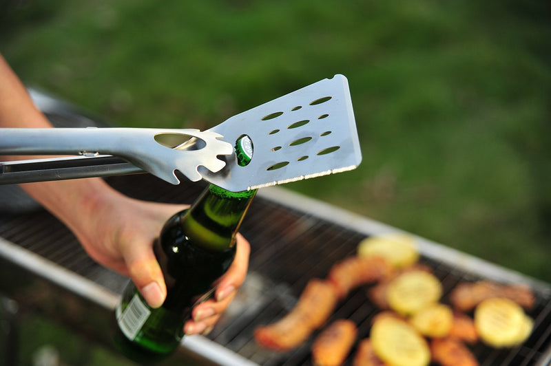 Jokari Pro Grade 6 in 1 Lighted Grill Tool. All in One Cooking Utensil Includes Easy Grip Handle, Spatula, Adjustable Tongs, Knife Blade, Scraper, Bottle Opener and LED Flashlight for Night Grilling. Tool Only