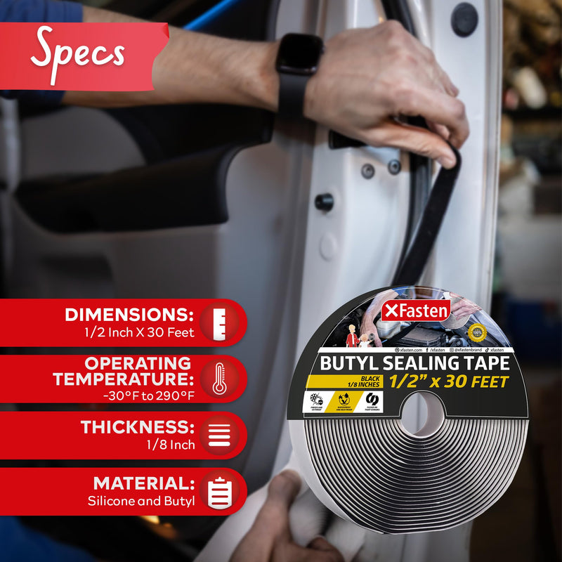 XFasten Butyl Tape Black 1/2” x 30’ x 1/8" Butyl Sealant Tape Headlight Sealant Putty Tape | Black Butyl Caulking Tape | Butyl Tape RV Putty Tape EPDM Automotive Butyl Rubber Window Sealant for RV 1/2” x 1/8” x 30', Single Pack