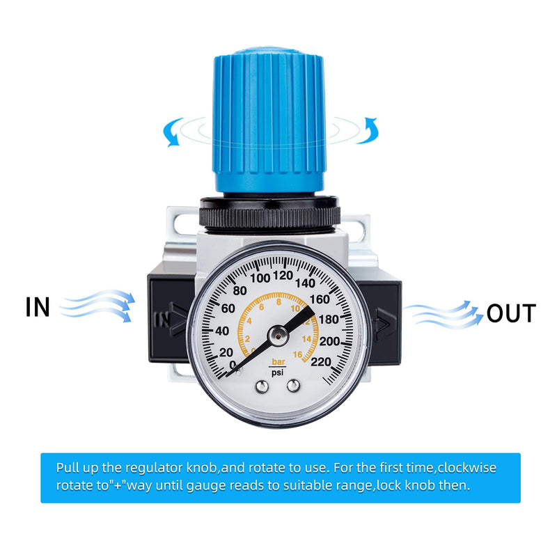 NANPU 1/4" BSP Air Pressure Regulator - Zinc Alloy, Pressure Gauge (0-16 bar), for Air Compressors and Air Tools 1/4" BSPP