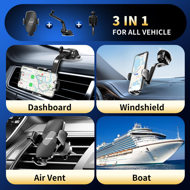 Car Phone Holder [Big Phone Friendly] Phone Holder for Car Universal for Air Vent Dashboard Windshield Phone Mount for Car 3 in 1, Hand Free Mount for iPhone 15 14 Pro Max Samsung All Cell Phones
