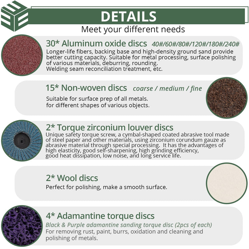 EYPINS 53x sanding discs 50 mm Velcro sand disc, serrated discs, cleaning disc, 2 inch disc pad holder with 1/4 inch shaft & for wood, metal, jewelry deburring, grinding, polishing