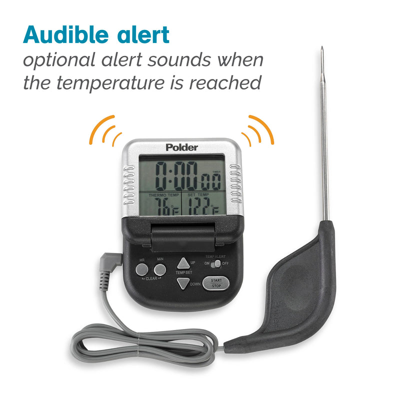 Polder Classic Digital Thermometer and Timer, Meat Thermometer for Cooking, Stainless Steel Probe, 24-Hour Countdown Timer with 40" Long, High-Heat Silicone Cord Graphite