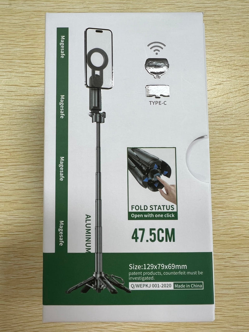CloudValley Magnetic Mini Selfie Stick Tripod, 4-in-1 Pocket Size Phone Tripod with 360° Rotation, Rechargeable Bluetooth Remote, Foldable Handle Grip, Compatible with MagSafe iPhone for Photo/Video No Light