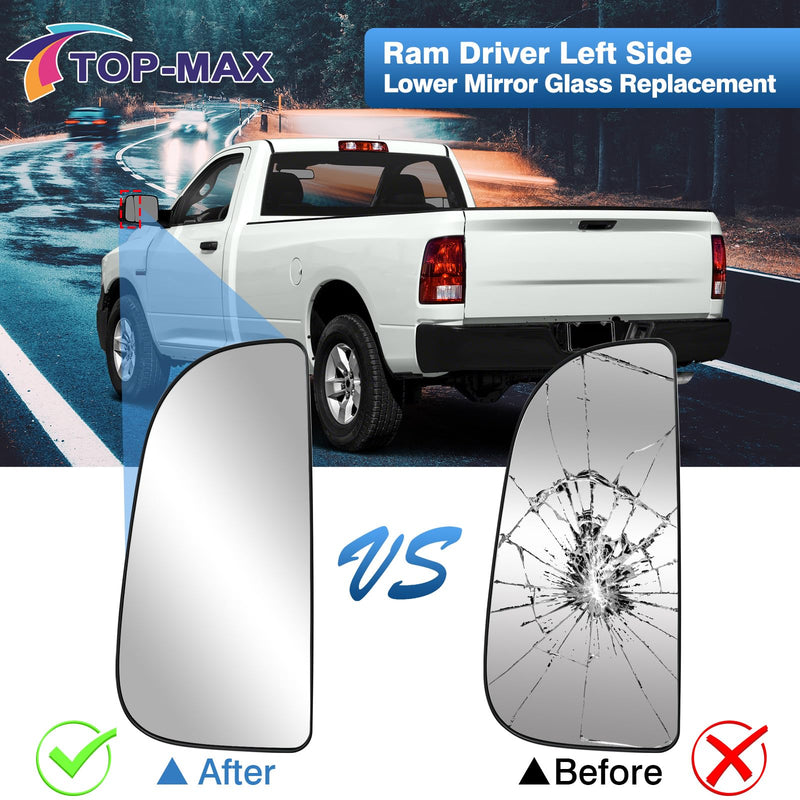 Ram Driver Left Side Lower Mirror Glass Replacement for 2010-2020 Dodge Ram 1500 2500 3500 4500 5500, Towing Mirrors Convex Glass with Rear Mounting Bracket, 68067731AA Driver Side Lower Mirror Glass