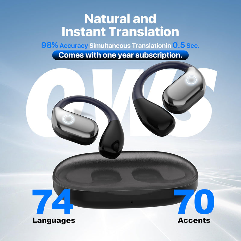 Ai Language Translation Earbuds, OWS 3-in-1 Translator Earbuds, 144-language Real-time Two-Way Earbuds, HD Sound, Long Battery Life, Ideal for Travel and Business, with ONE Year Subscription, Black