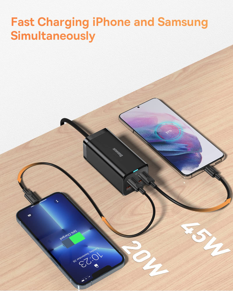 USB C Charger, Baseus 100W PD GaN3 Fast Wall Charger Block, 4-Ports [2USB-C + 2USB] Charging Station with 5ft Extension Cord for Steam Deck, MacBook Pro, iPhone 15/14/13, Samsung Galaxy, etc Black