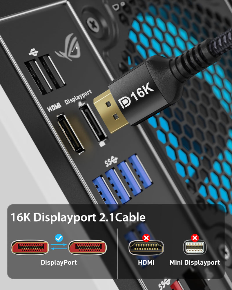 Stouchi DisplayPort Cable 16K 2.1, 10FT/3M DP Cable Black 80Gbps 16K@60Hz, 8K@240Hz HBR3 4K@240 HDR, HDCP, DSC 1.2a Support Monitor FreeSync G-Sync Video Card 10 FT 16K-Black