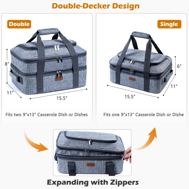 BAGSPRITE Expandable Insulated Casserole Carrier for Hot or Cold Food, Casserole Dish Carrying Case,Thermal Lasanga Lugger Tote for Pockluck, Parties, Picnic, Fits 9" x 13" Baking Dish, Grey Expandable Double Layers