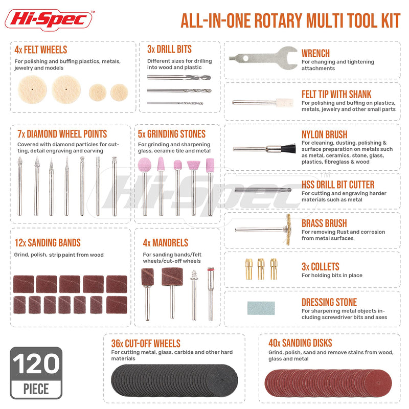 Hi-Spec Rotary Tool Kit Set 170W 1.4A with 121 Piece Dremel Compatible Bit Accessories. Drill, Cut, Trim, Grind & Sand in DIY Repairs, Hobbies & Craftwork Silver