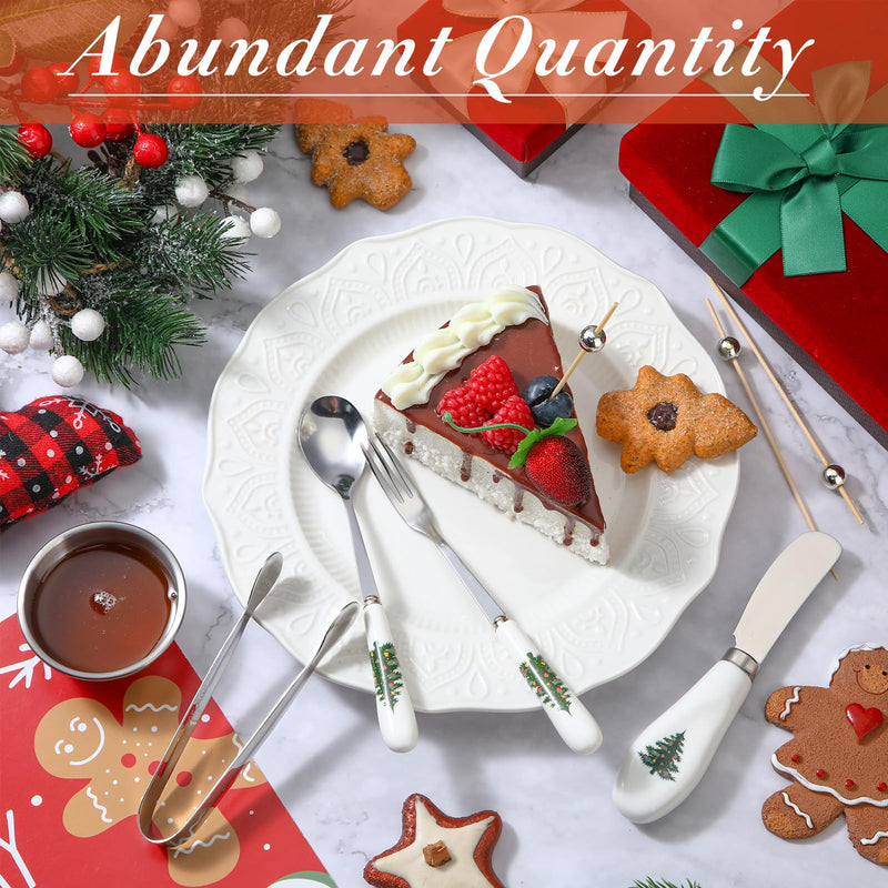 Roshtia 28 Pieces Christmas Cheese Butter Spreader Knives Set Charcuterie Accessories Gift Ceramic Handle Stainless Steel Forks Knives Spoons Serving Tongs Dip Bowls Cocktail Picks Tableware(Silver) Silver