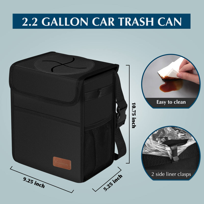 Femuar Leak Proof Car Trash Can with Lid - Waterproof Automotive Garbage Bin for SUVs, Collapsible and Portable Car Trash Bag, Black 2.25 Gallons