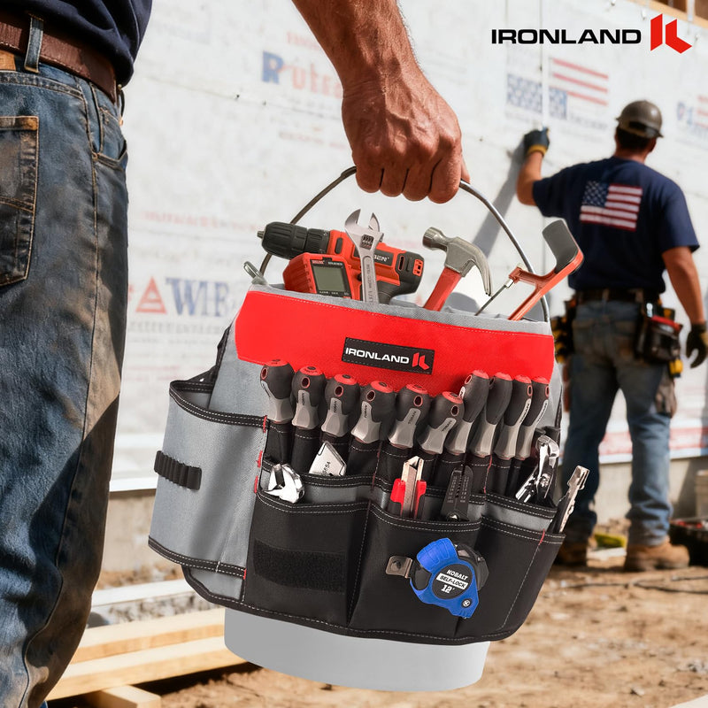 IRONLAND Bucket Tool Organizer Fit 3.5-5 Gallon Bucket, 64 Pockets, Bucket Tool Caddy Organization for Garden, Construction, Carpenter, Electrician, Builder red Medium - 64 Pockets
