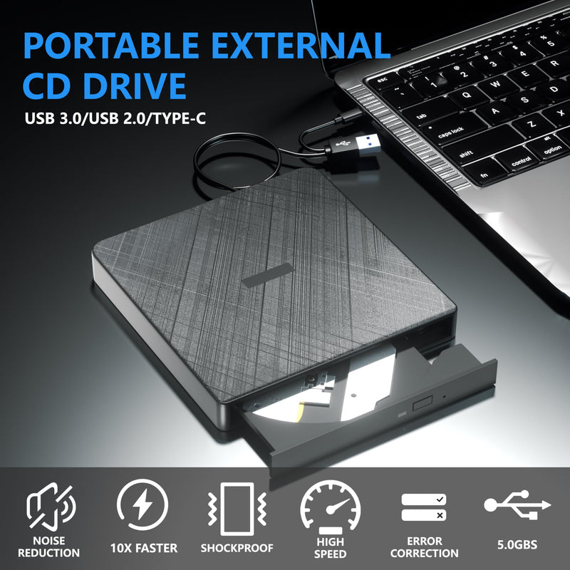External CD Drive, USB 3.0 & Type-C Portable CD DVD Burner +/-RW DVD Player for Laptop, External CD/DVD Drive for Laptop, Desktop, PC, CD Drive External USB Compatible with Windows 7/8/10/XP Linux OS